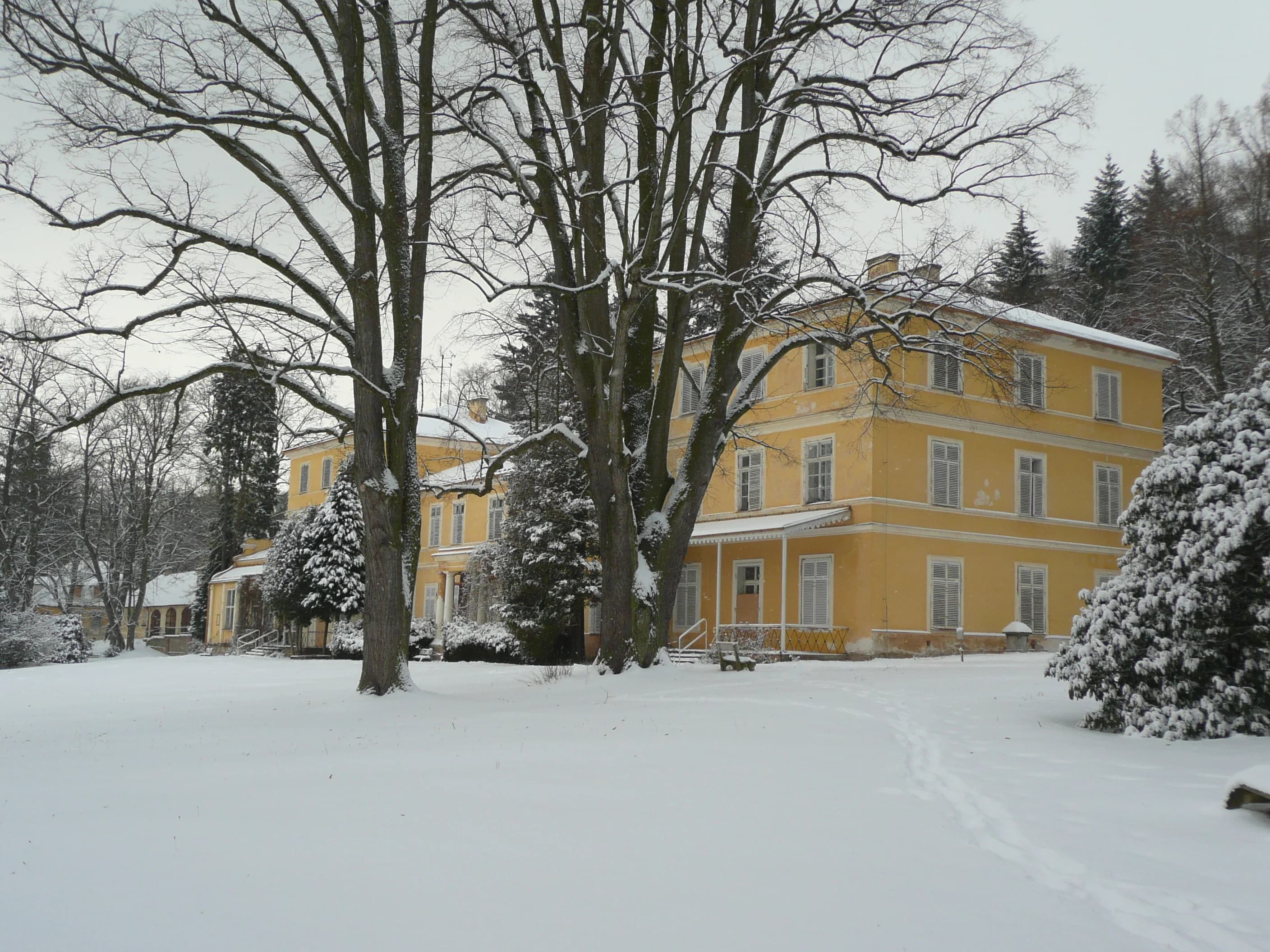 Boční pohled na zámek v zimním parku