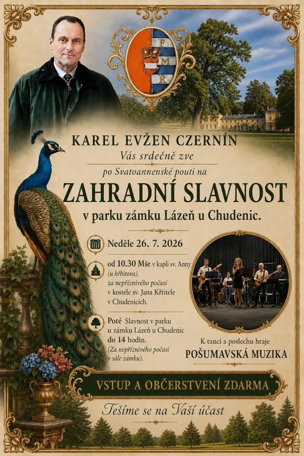 Plakat zum Gartenfest im Park von Schloss Lázeň.